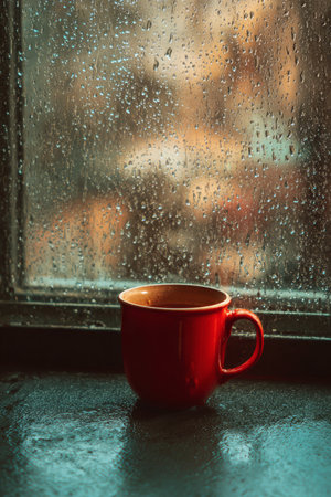 Ceramic mug with hot drink on windowsill, framed by window covered in rain dropletsの素材