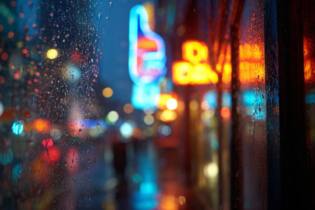 Raindrops cover window overlooking neon lit city street at night. The blurred background shows glowing signs and vibrant reflectionsの素材