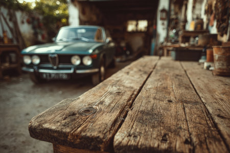 Aged wooden table in front of vintage car inside rustic garageの素材