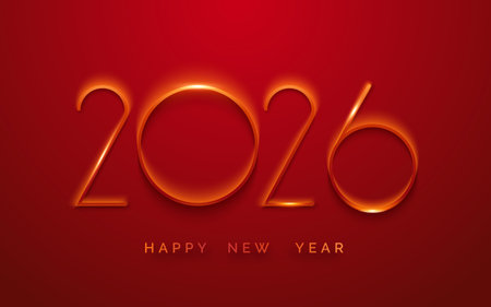 Glowing red numbers 2026 with light effect on red background. Concept of New Year greetingのイラスト素材