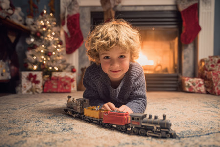 Smiling boy in sweater playing with toy train on carpet in front of fireplace decorated for Christmas. Concept of childhood joyの素材