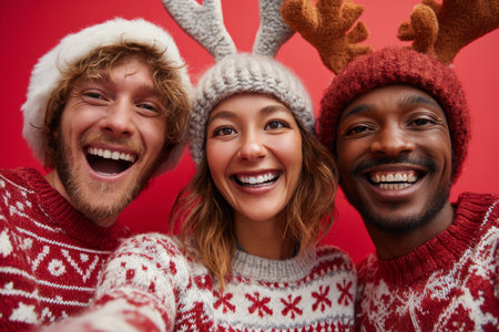 Group of friends wearing red and white Christmas sweaters and festive hats posing together against red background. Concept of holiday celebrationの素材