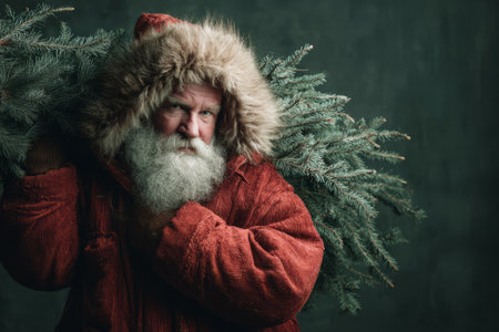 Santa Claus with white beard wearing red coat with fur hood carrying fresh green Christmas tree on shoulder against dark backgroundの素材