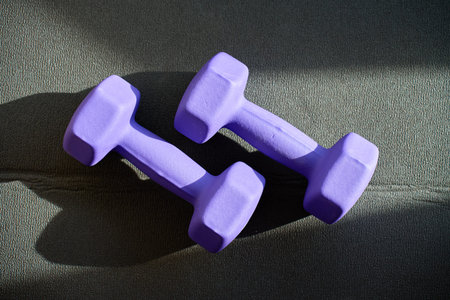 Two purple dumbbells placed on exercise mat with shadows. Concept of strength training and workout routineの写真素材