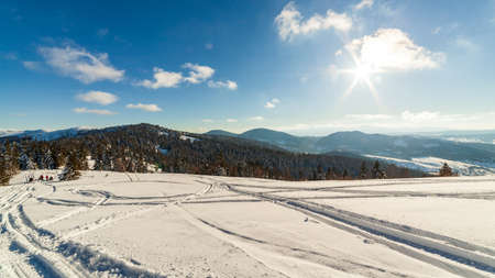 wonderfully majestic winter landscape glowing by sunlight. wintry scene. Carpathian, Ukraine, Europe. Beauty world. Happy New Yearの写真素材