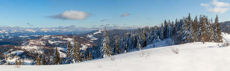 Wonderful wintery Scenery in sunny day. Winter landscape with snow capped mountain under sunlight. Popular hiking and travel place. Winter wonderland. stunning nature background. Carpathian mountains.の写真素材