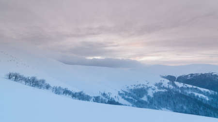 Beautiful landscape with the Carpathian mountains. Snow-capped mountain peaks from a height. A wonderful sky covers the snowy winter mountains. Ukraineの写真素材