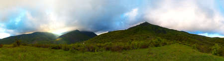 Panorama view in Crimea mountains traveling with clouds scenic landscape, nature travel