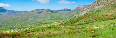 Panorama view in Crimea mountains traveling with clouds scenic landscape, nature travelの写真素材