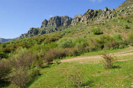 Stone idols of the mountain South Demerdzhi on a background of clouds. Crimea.の写真素材