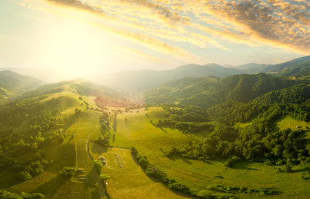 Aerial view of the endless lush pastures of the Carpathian expanses and agricultural land. Cultivated agricultural field. Rural mountain landscape at sunset. Ukraine.の写真素材