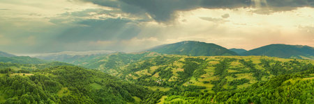 Aerial view of the endless lush pastures of the Carpathian expanses and agricultural land. Cultivated agricultural field. Rural mountain landscape at sunset. Ukraine.の写真素材