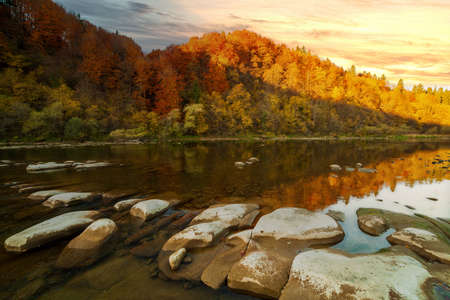 View of the waterfall in autumn. Waterfall in autumn colors. Mountain river in the autumn landscape. Ukraine, river Stryj.の写真素材