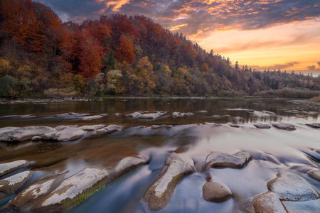 View of the waterfall in autumn. Waterfall in autumn colors. Mountain river in the autumn landscape. Ukraine, river Stryj.の写真素材
