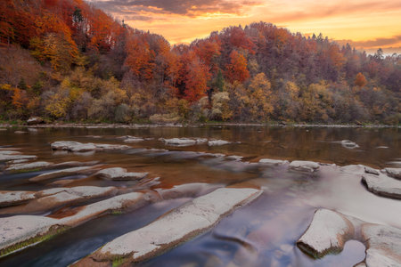 View of the waterfall in autumn. Waterfall in autumn colors. Mountain river in the autumn landscape. Ukraine, river Stryj.の写真素材