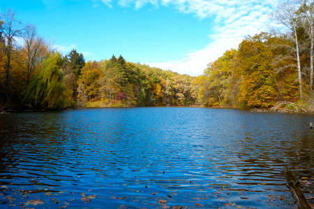 Beautiful autumn landscape with lake and trees. Sunny October day at lake with stunning mirror...