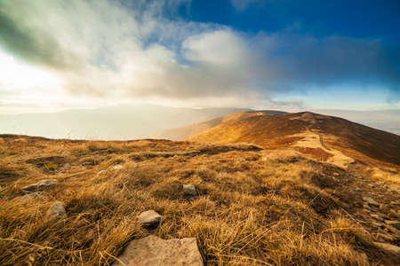 Ukraine, Magura-Jide mountains and blue sky Landscape of the Carpathian mountains. Wide open desert landscapes of the Borzhava highlands. Pylypets, National Park.の写真素材