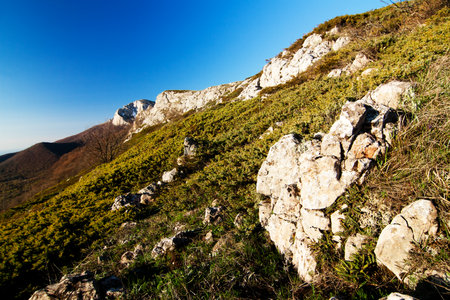A wonderful and unusually beautiful landscape overlooking the high plateau of the Crimean mountains. Clean and reasonable nature of Crimea. Ukraine, territory occupied by the Russian Federation.の写真素材