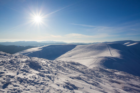 Beautiful winter panorama with fresh powder snow. Landscape with spruce trees, blue sky with sun light and high Carpathian mountains on backgroundの写真素材