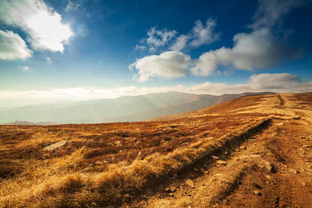Ukraine, Magura-Jide mountains and blue sky Landscape of the Carpathian mountains. Wide open desert landscapes of the Borzhava highlands. Pylypets, National Park.の写真素材