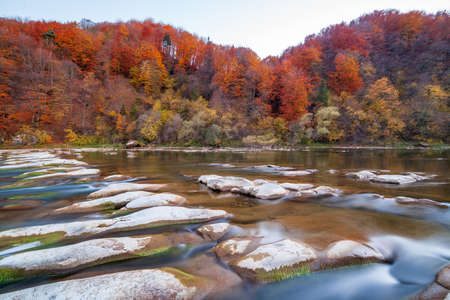 View of the waterfall in autumn. Waterfall in autumn colors. Mountain river in the autumn landscape. Ukraine, river Stryj.の写真素材