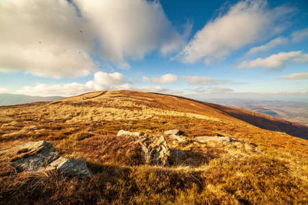 Ukraine, Magura-Jide mountains and blue sky Landscape of the Carpathian mountains. Wide open desert landscapes of the Borzhava highlands. Pylypets, National Park.の写真素材
