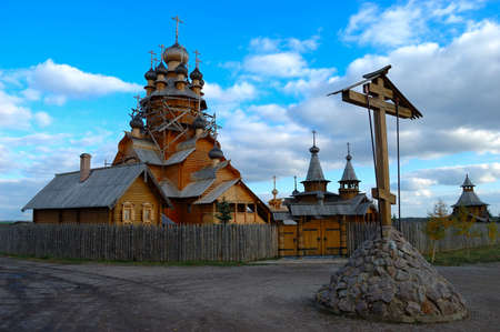 Monastery and church. Aumnal colored foliage of oak tree. Ukraine. National parkの写真素材