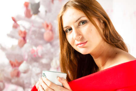 Attractive Christmas girl in a sexual lingerie. Naked body. Seasonal christmas holidays sale discounts. Woman in a sexy Santa Claus costume decorate the Christmas treeの写真素材