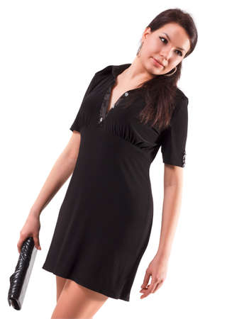 Full body Young woman with apron with fingers crossing and wishing the best on isolated backgroundの写真素材