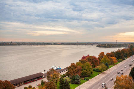 sunrise of cityscape big city Dnipro of Ukraine popular tourist attractions in Ukraineの写真素材