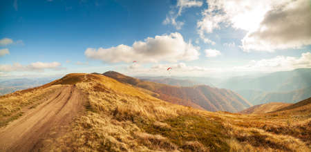 Ukraine, Magura-Jide mountains and blue sky Landscape of the Carpathian mountains. Wide open desert landscapes of the Borzhava highlands. Pylypets, National Park.の写真素材