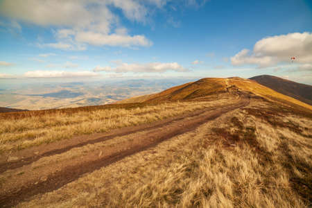 Ukraine, Magura-Jide mountains and blue sky Landscape of the Carpathian mountains. Wide open desert landscapes of the Borzhava highlands. Pylypets, National Park.の写真素材