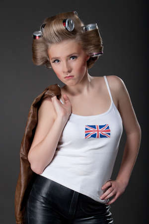 beautiful young girl with hair of beer cansの写真素材