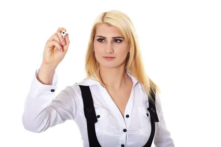 Stylish young businesswoman writing isolated on white backgroundの写真素材