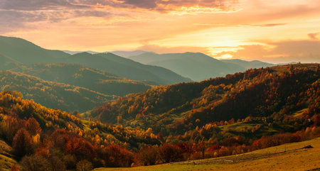 Ukraine. Warm autumn in a village. Picturesque beech, birch and pine forests and Hutsul houses against the backdrop of the Synevyr Pass ridge are very beautiful with bright colors after a fine day.の写真素材