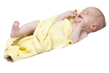 Baby girl After Bath Wrapped in Red Towel Laying and Posingの写真素材