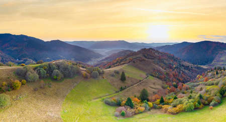Ukraine. Sunrise shines in the Carpathians, colored fog spreads over the valleys and lowlands of the mountain range, golden prairies are very dazzlingly beautiful.の写真素材