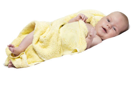 Baby girl After Bath Wrapped in Red Towel Laying and Posingの写真素材