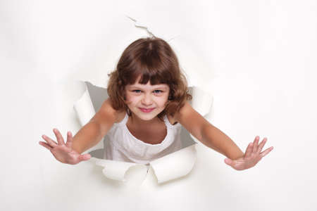 Beautiful little girl with white copy space on a white backgroundの写真素材