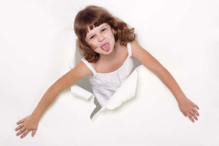 Beautiful little girl with white copy space on a white backgroundの写真素材