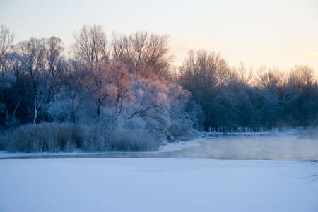 Photo the snow-covered river did not freeze in winter.The river flows in winter. Snow on the branches of trees. Reflection of snow in the river. Huge snowdrifts lie on the Bank of the stream.の写真素材
