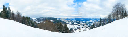 Carpathian mountains, Ukraine. Trees covered with hoarfrost and snow in winter mountains - Christmas snowy backgroundの写真素材