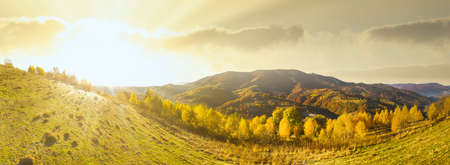 Ukraine. Sunrise shines in the Carpathians, colored fog spreads over the valleys and lowlands of the mountain range, golden prairies are very dazzlingly beautiful.の写真素材