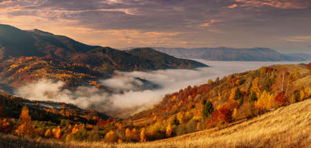 Ukraine. A magical autumn sunrise, with mist creeping over valleys, over mountain formations far from civilization. Synevyr pass located in the Carpathian mountains.の写真素材