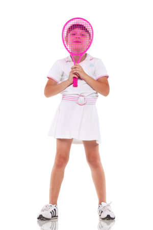 Young woman with tennis racket on white backgroundの写真素材