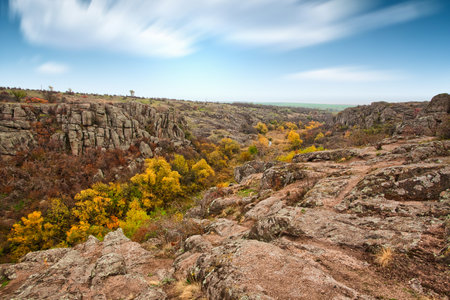 A large number of stone minerals covered with green vegetation lying above a small river in picturesque Ukraine and its beautiful natureの写真素材