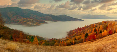 Ukraine. A magical autumn sunrise, with mist creeping over valleys, over mountain formations far from civilization. Synevyr pass located in the Carpathian mountains.の写真素材