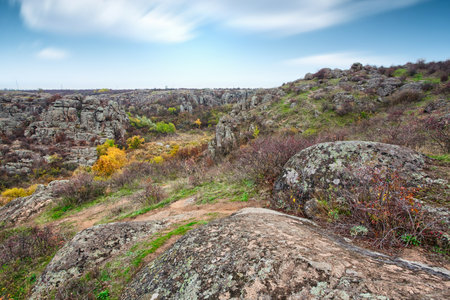 A large number of stone minerals covered with green vegetation lying above a small river in picturesque Ukraine and its beautiful natureの写真素材