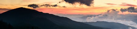 Autumn landscape with fog in the mountains. Fir forest on the hills. Carpathians, Ukraine, Europeの写真素材