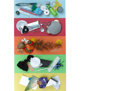 Multicolor separation on waste concept: plastic, metal,organic, mixed waste, paper with white copy spaceの写真素材